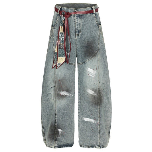 Retro Cat Whiskering Splatter Paint Belt Jeans - Thrashink