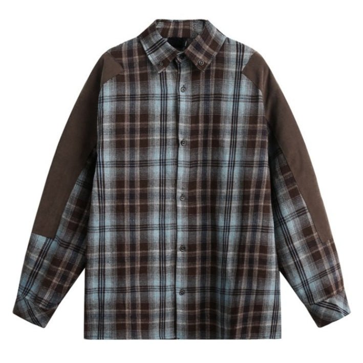 Retro Colorblock Plaid Long - sleeved Shirt - Thrashink