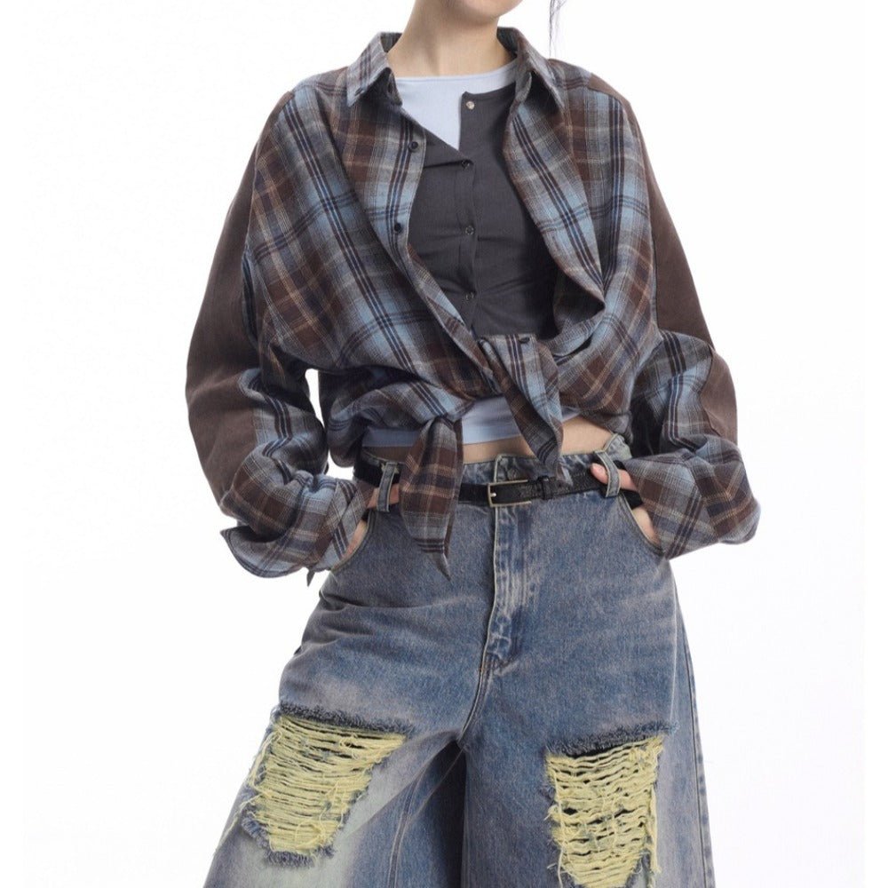 Retro Colorblock Plaid Long - sleeved Shirt - Thrashink