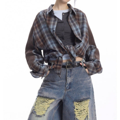 Retro Colorblock Plaid Long - sleeved Shirt - Thrashink