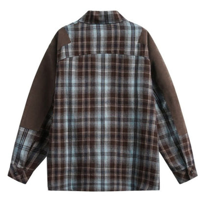 Retro Colorblock Plaid Long - sleeved Shirt - Thrashink