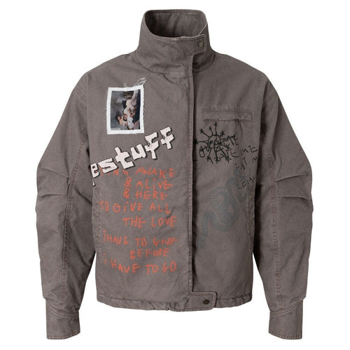 Retro Distressed Graffiti High - neck Cotton Jacket - Thrashink