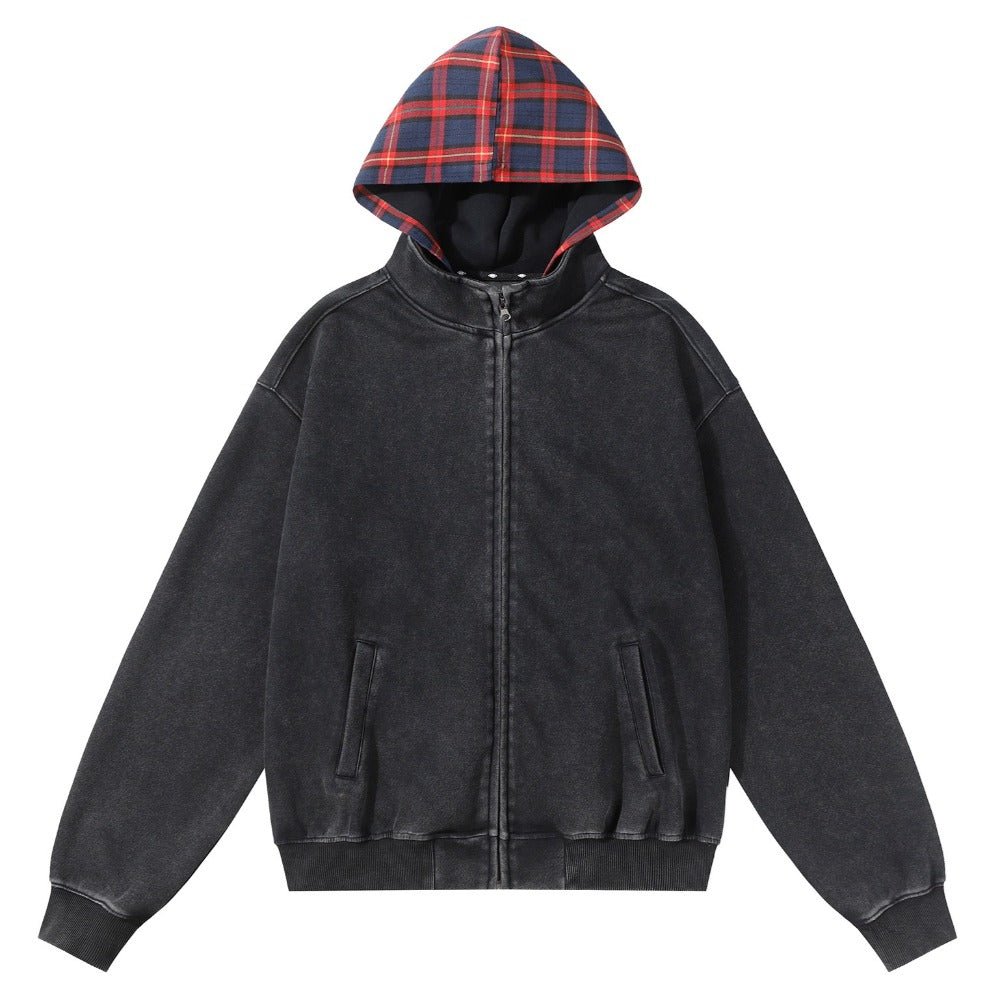 Retro Fake Two Pieces Plaid Patchwork Hoodie - Thrashink