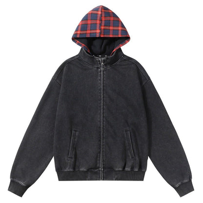 Retro Fake Two Pieces Plaid Patchwork Hoodie - Thrashink