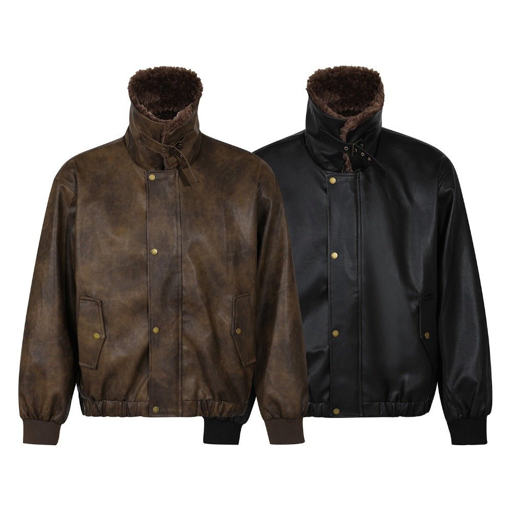 Retro Faux Fur Collar Leather Jacket - Thrashink