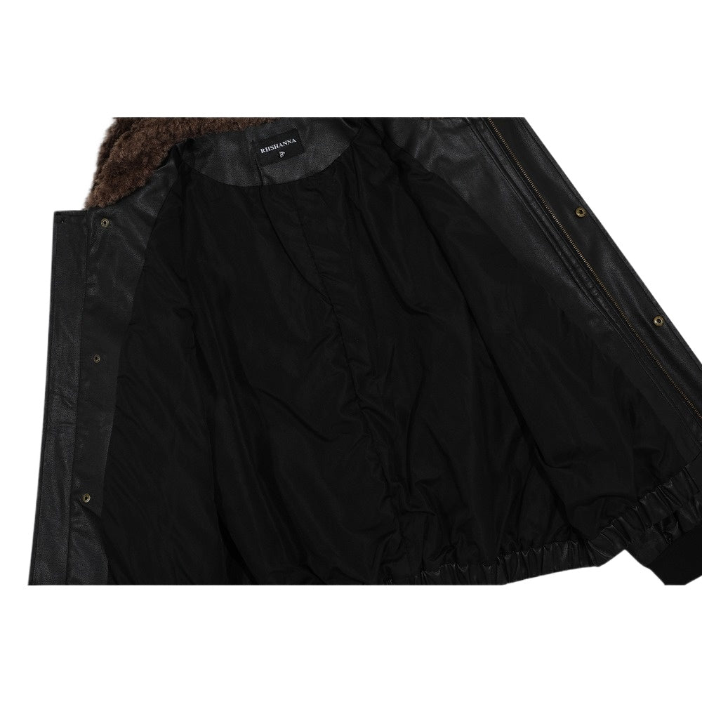 Retro Faux Fur Collar Leather Jacket - Thrashink