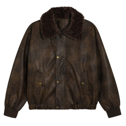 Retro Faux Fur Collar Leather Jacket - Thrashink