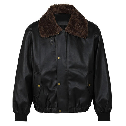 Retro Faux Fur Collar Leather Jacket - Thrashink