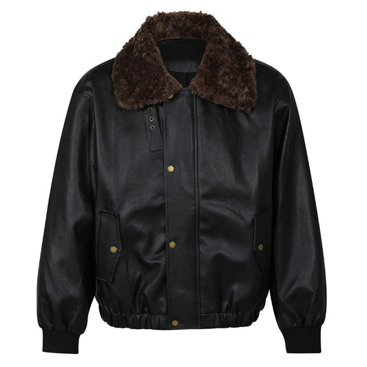 Retro Faux Fur Collar Leather Jacket - Thrashink