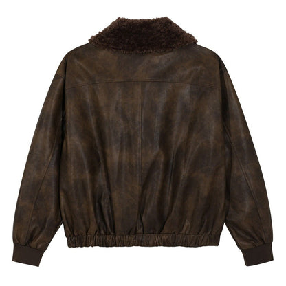 Retro Faux Fur Collar Leather Jacket - Thrashink