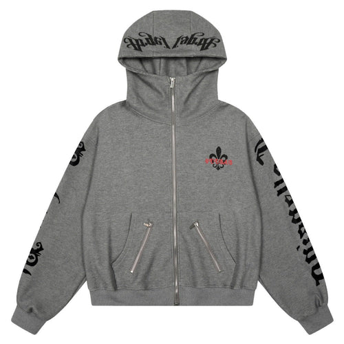 Retro Gothic Print Zip - up Hoodie - Thrashink