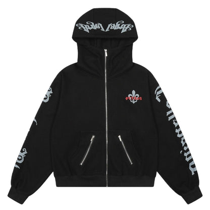 Retro Gothic Print Zip - up Hoodie - Thrashink