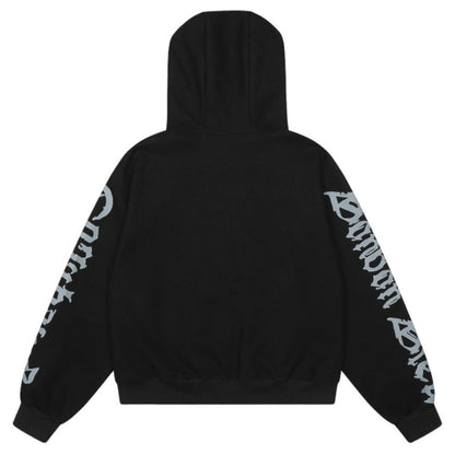 Retro Gothic Print Zip - up Hoodie - Thrashink