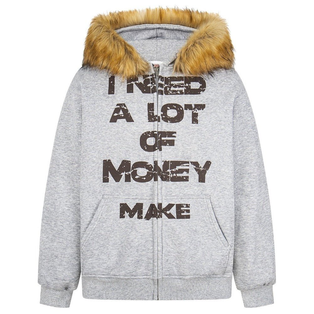 Retro Letter Print Fleece - lined Zip - up Hoodie - Thrashink