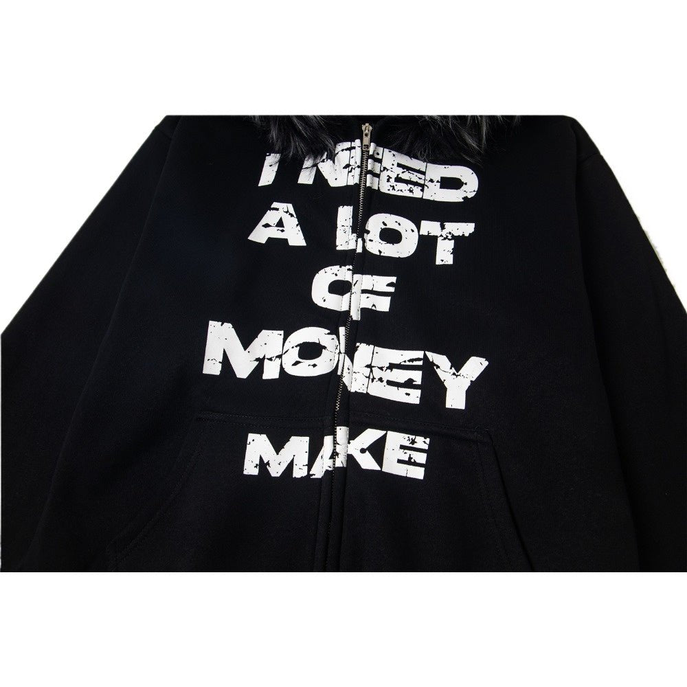 Retro Letter Print Fleece - lined Zip - up Hoodie - Thrashink