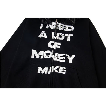 Retro Letter Print Fleece - lined Zip - up Hoodie - Thrashink