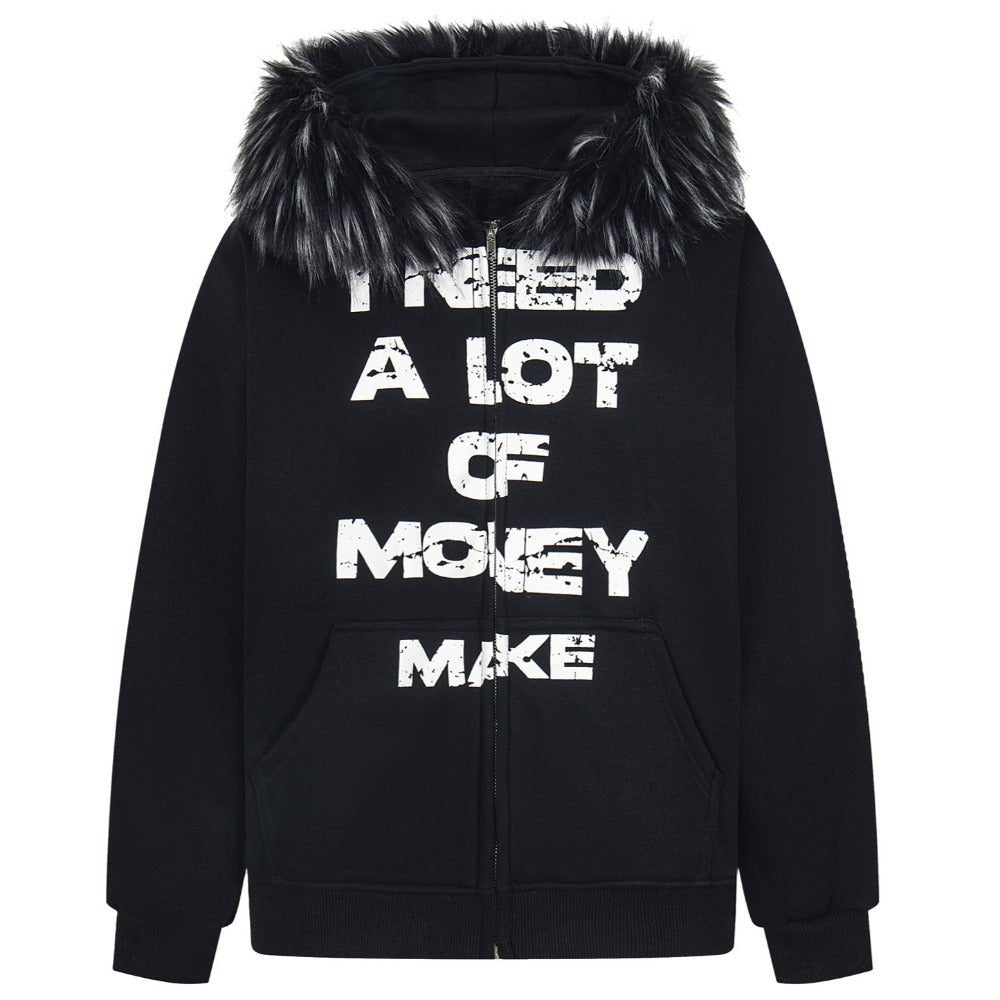 Retro Letter Print Fleece - lined Zip - up Hoodie - Thrashink