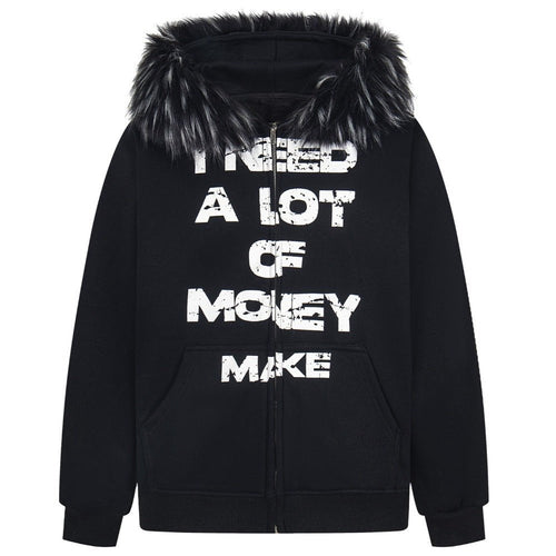 Retro Letter Print Fleece - lined Zip - up Hoodie - Thrashink