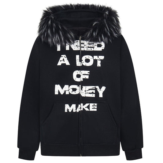 Retro Letter Print Fleece - lined Zip - up Hoodie - Thrashink