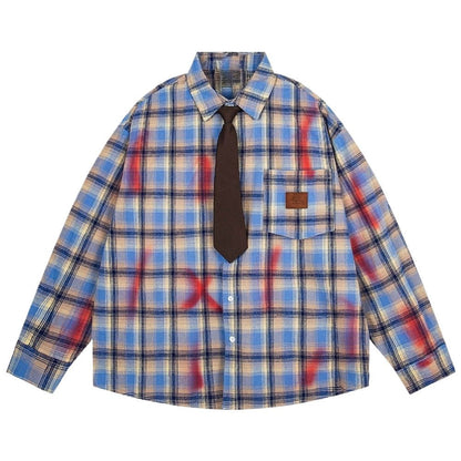 Retro Plaid Tie - dye Graffiti Long - sleeved Shirt - Thrashink