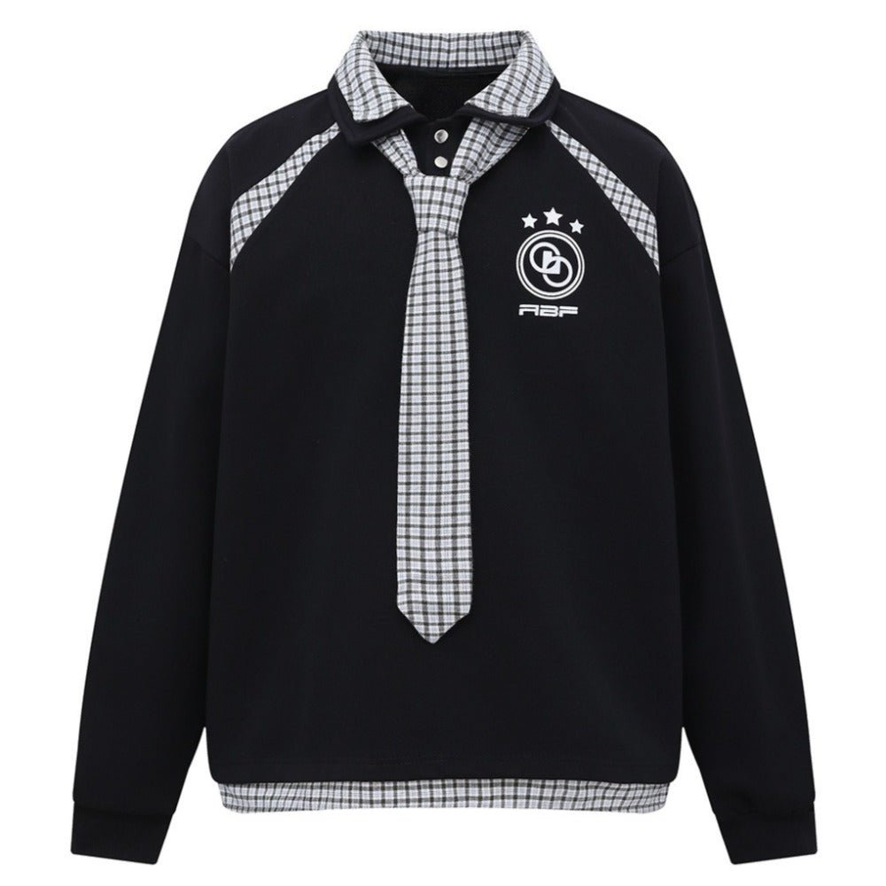 Retro Preppy Plaid Double - Collar Sweatshirt - Thrashink