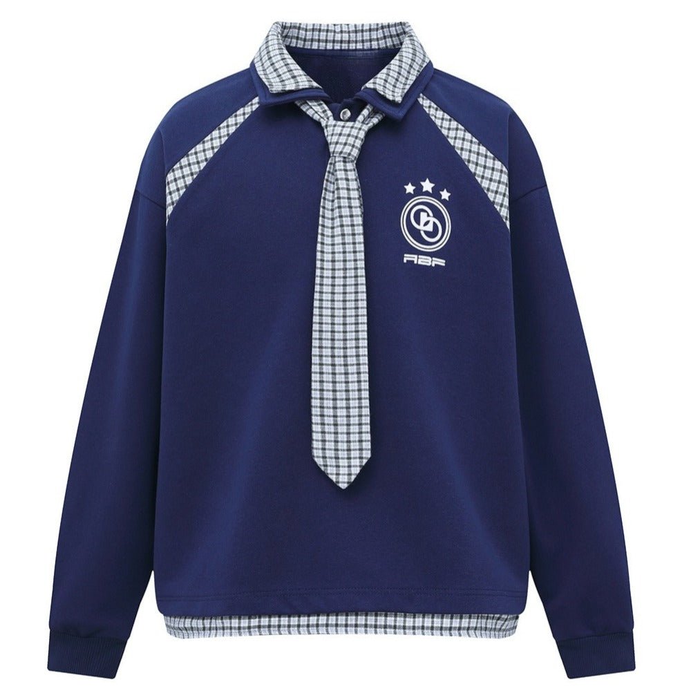 Retro Preppy Plaid Double - Collar Sweatshirt - Thrashink