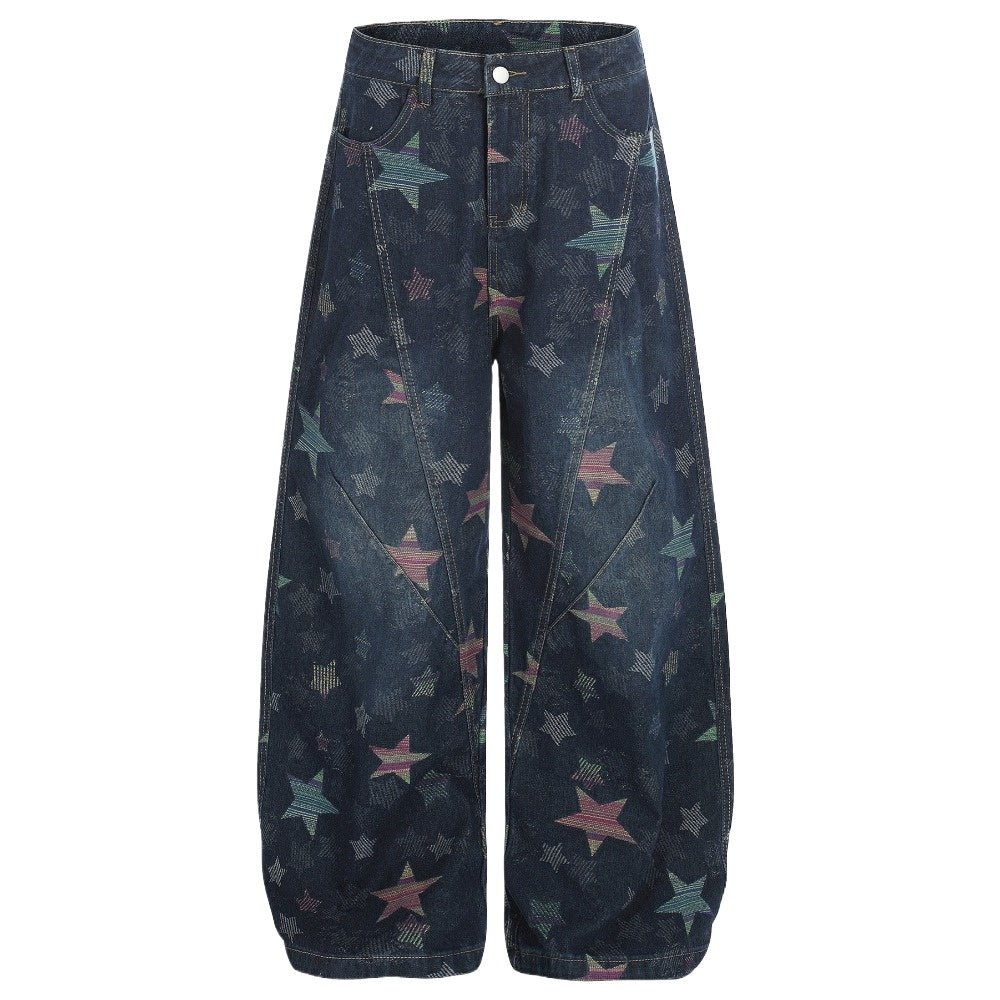 Retro Star Patterned Baggy Jeans - Thrashink