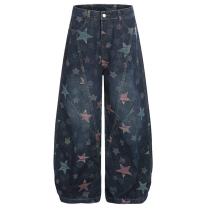 Retro Star Patterned Baggy Jeans - Thrashink