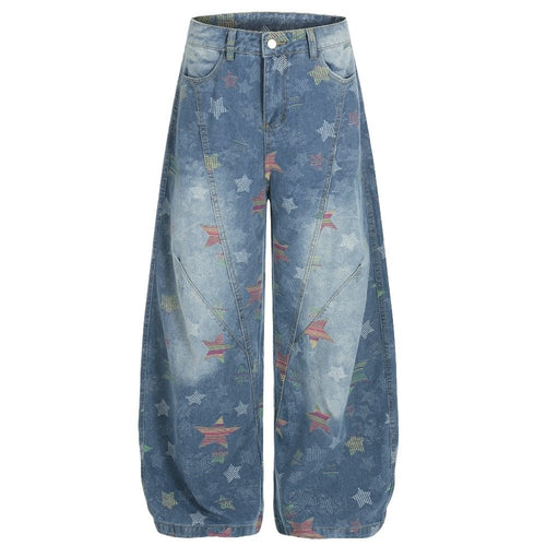 Retro Star Patterned Baggy Jeans - Thrashink