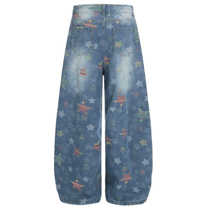 Retro Star Patterned Baggy Jeans - Thrashink