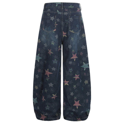 Retro Star Patterned Baggy Jeans - Thrashink