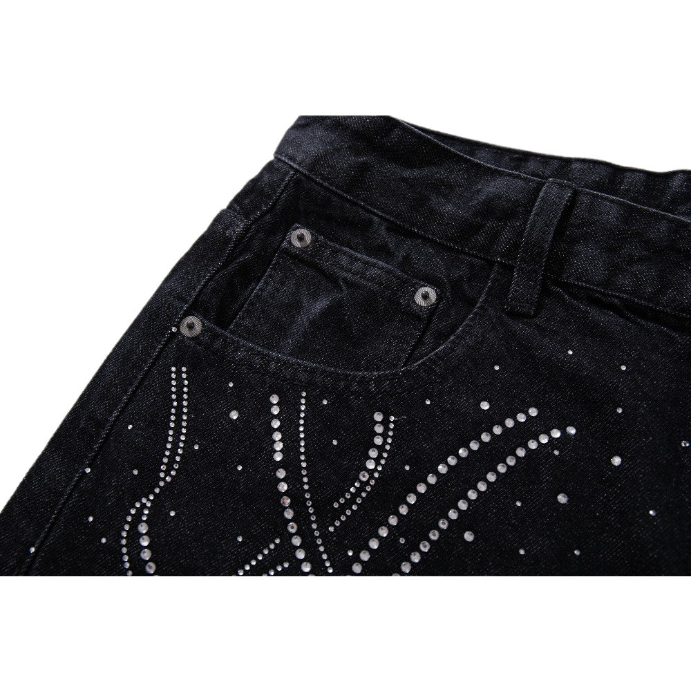 Rhinestone Star Black Wide - Leg Jeans - Thrashink