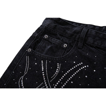 Rhinestone Star Black Wide - Leg Jeans - Thrashink