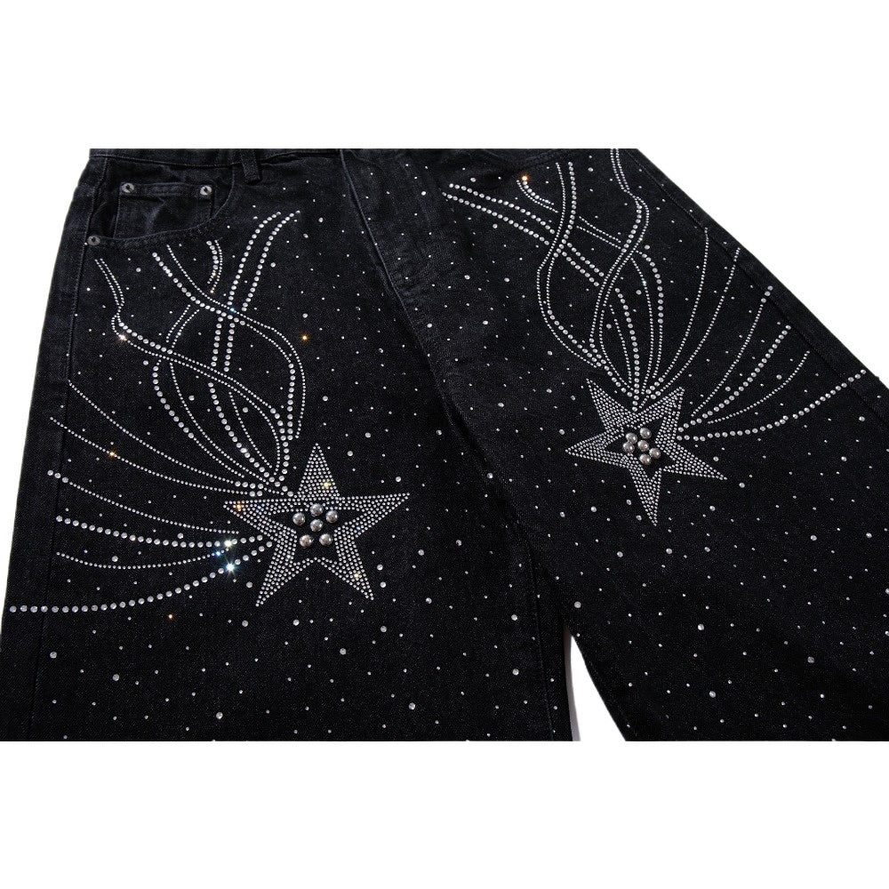Rhinestone Star Black Wide - Leg Jeans - Thrashink