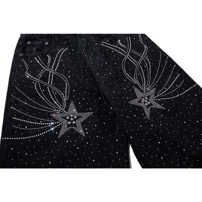 Rhinestone Star Black Wide - Leg Jeans - Thrashink