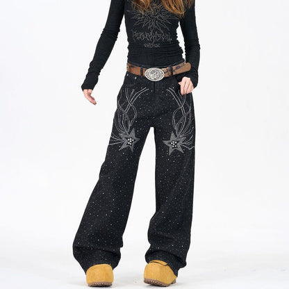 Rhinestone Star Black Wide - Leg Jeans - Thrashink