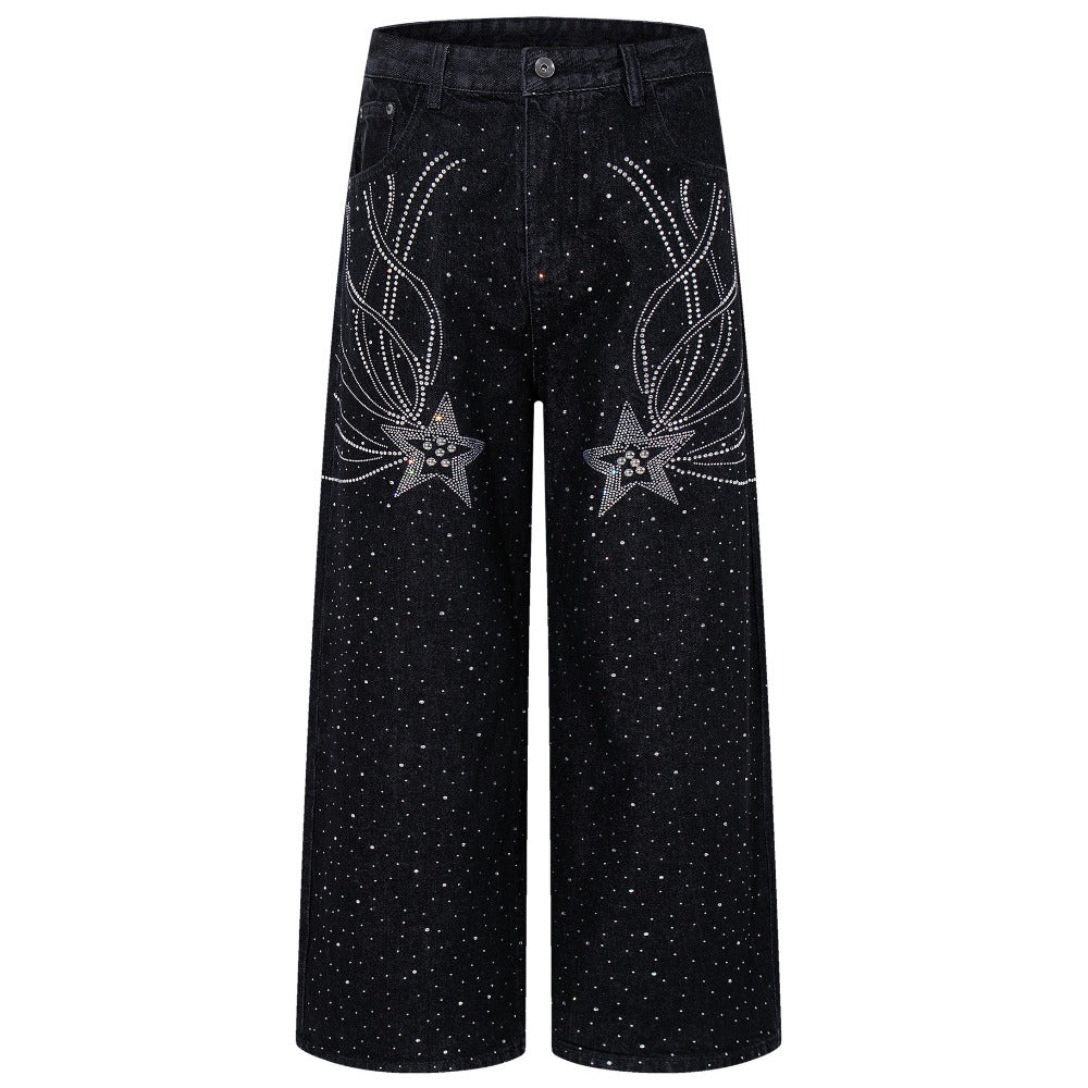 Rhinestone Star Black Wide - Leg Jeans - Thrashink