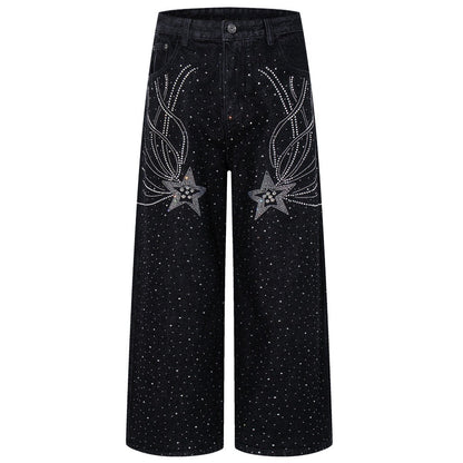 Rhinestone Star Black Wide - Leg Jeans - Thrashink