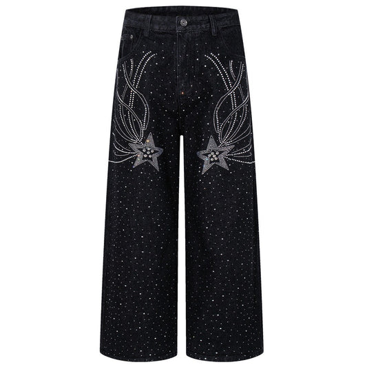 Rhinestone Star Black Wide - Leg Jeans - Thrashink