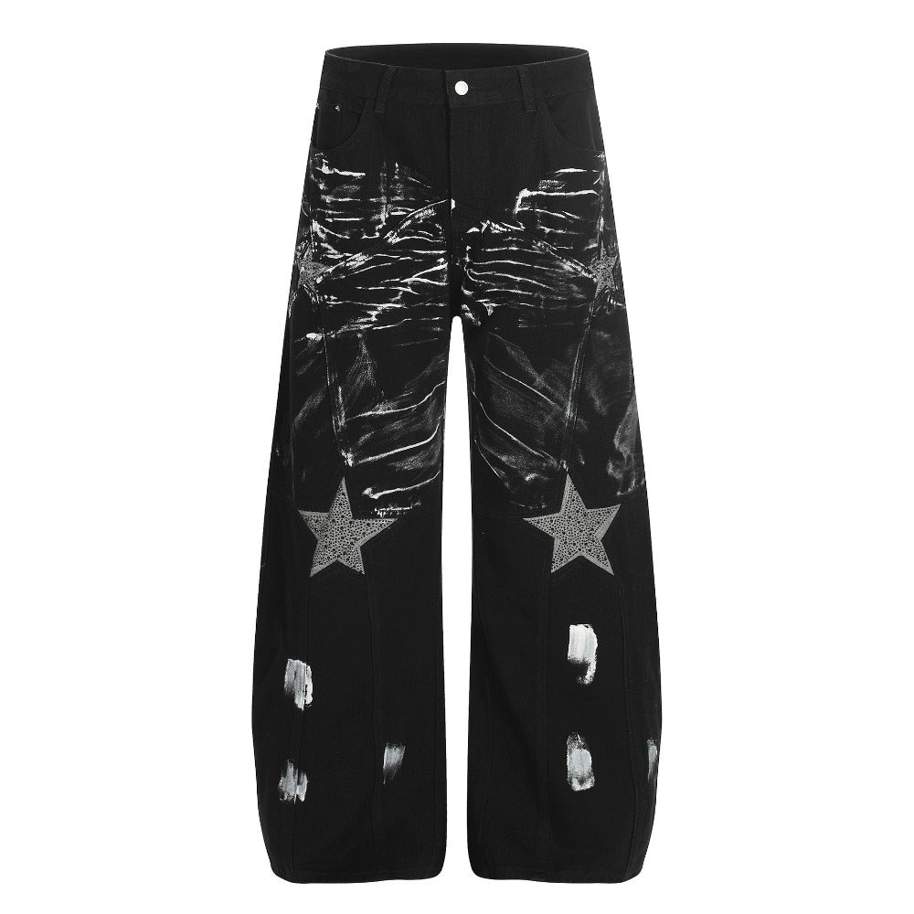 Rhinestone Star & Paint Smear Baggy Jeans - Thrashink