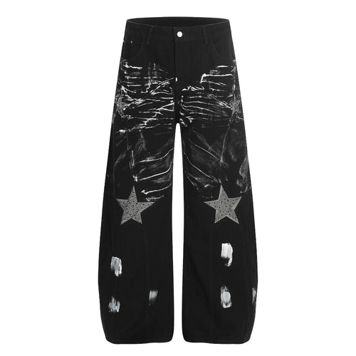 Rhinestone Star & Paint Smear Baggy Jeans - Thrashink