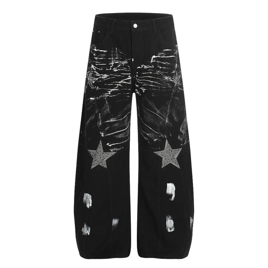 Rhinestone Star & Paint Smear Baggy Jeans - Thrashink