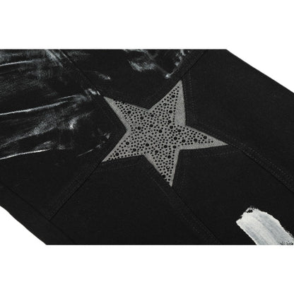 Rhinestone Star & Paint Smear Baggy Jeans - Thrashink