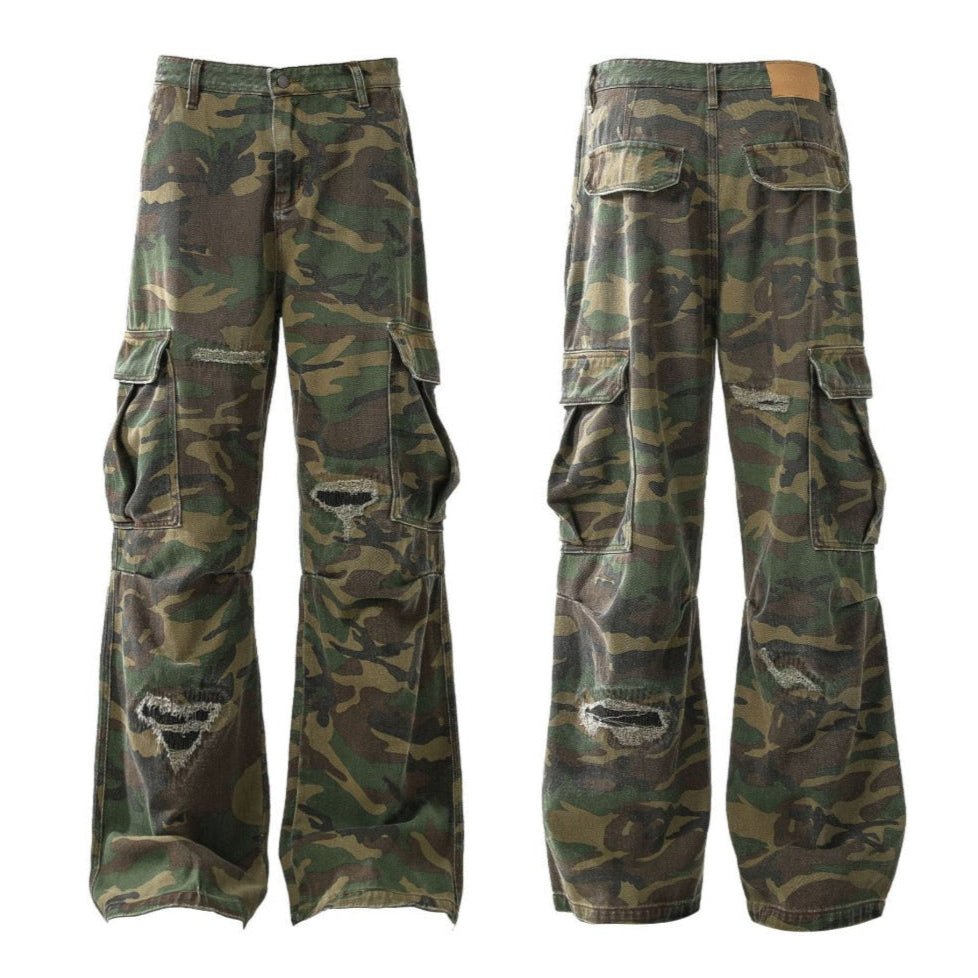 Ripped Camou Cargo Utility Pants - Thrashink