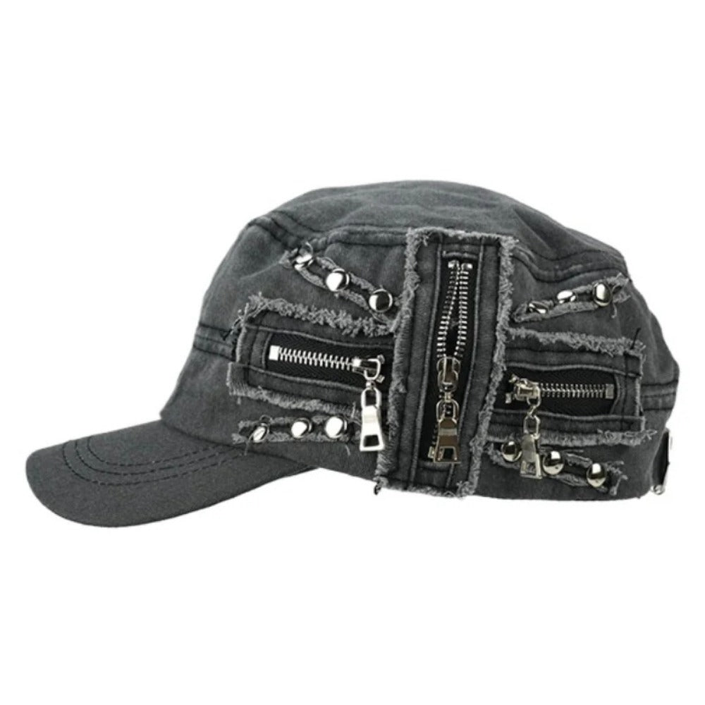 Rivet Zip Patchwork Denim Cap - Thrashink