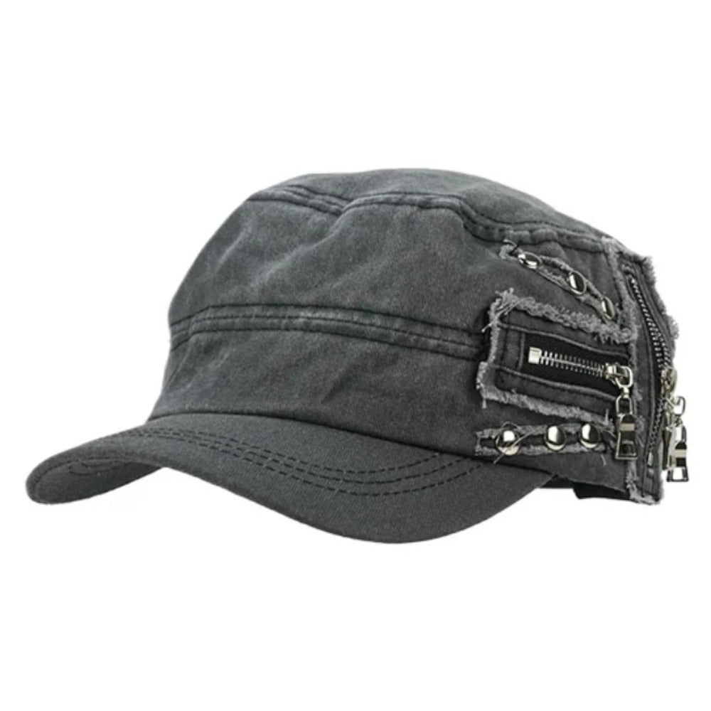 Rivet Zip Patchwork Denim Cap - Thrashink
