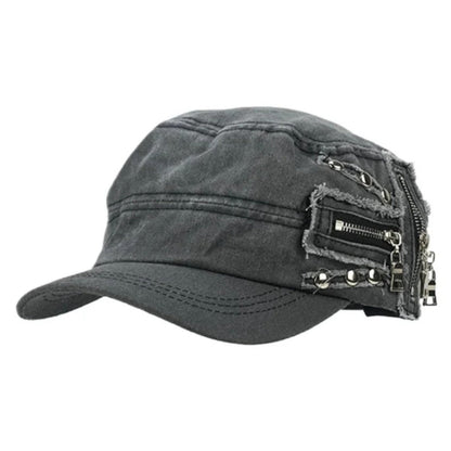 Rivet Zip Patchwork Denim Cap - Thrashink