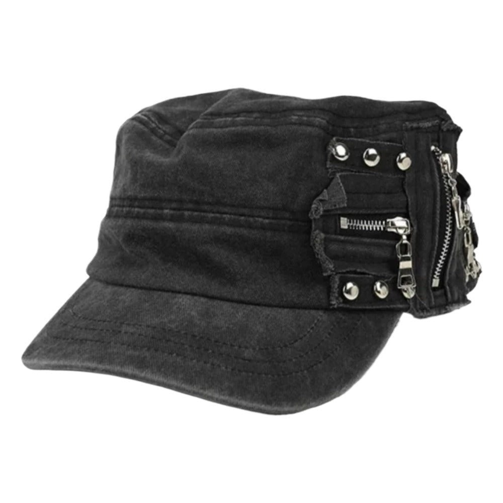 Rivet Zip Patchwork Denim Cap - Thrashink