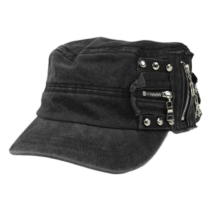 Rivet Zip Patchwork Denim Cap - Thrashink