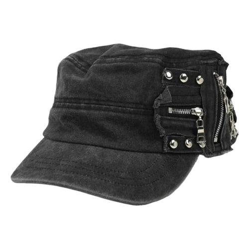 Rivet Zip Patchwork Denim Cap - Thrashink